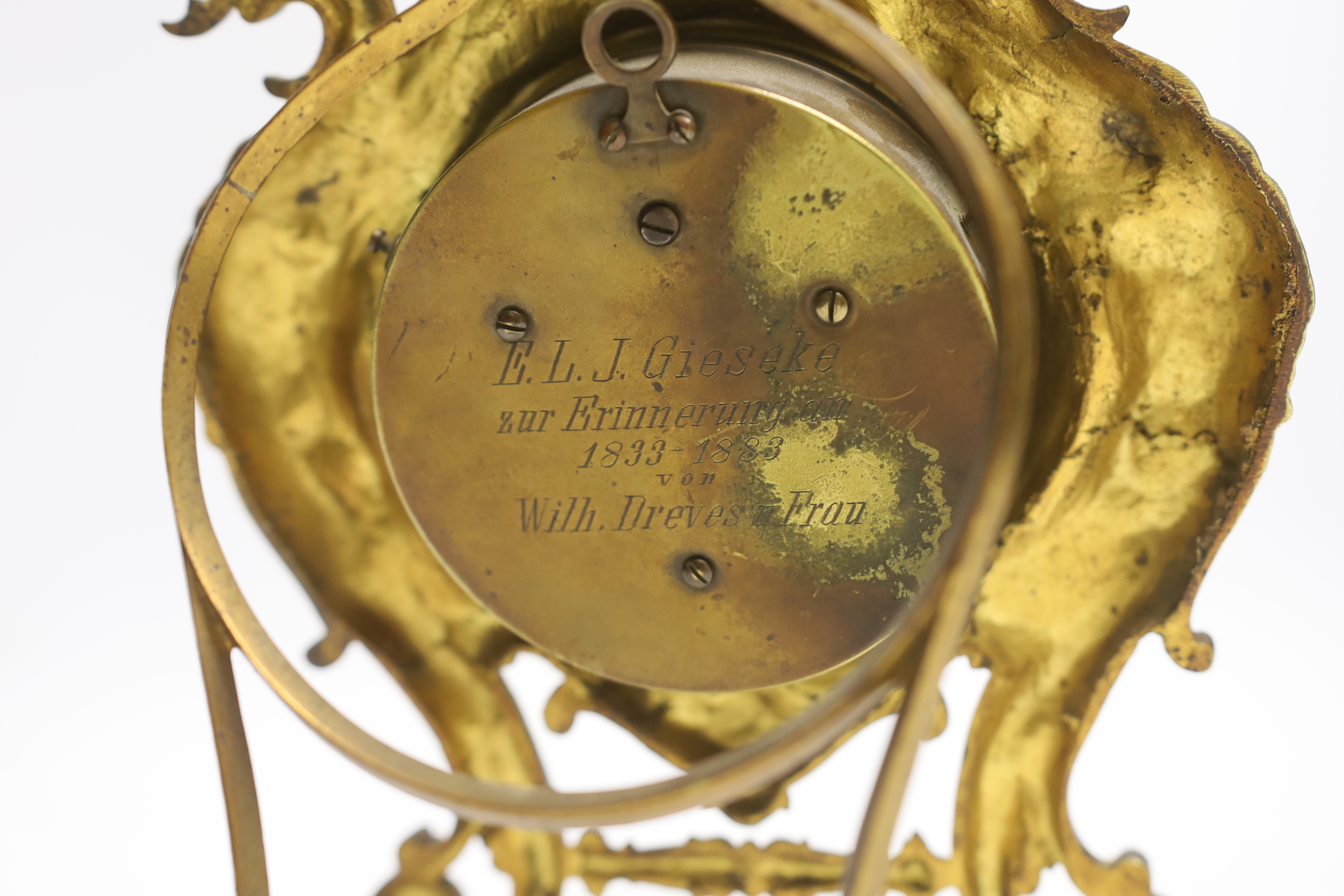 A German cast brass easel aneroid barometer, c.1883, 28cm high